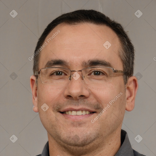 Joyful white adult male with short  brown hair and brown eyes