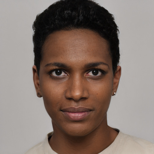 Neutral black young-adult female with short  black hair and brown eyes