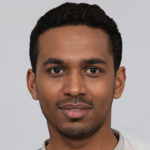 Neutral black young-adult male with short  black hair and brown eyes