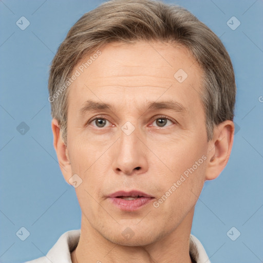 Neutral white adult male with short  brown hair and brown eyes