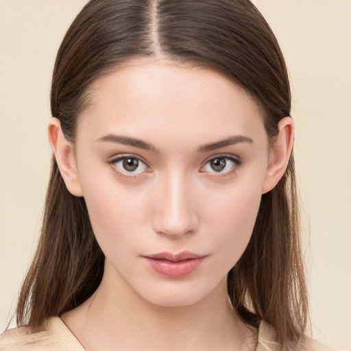 Neutral white young-adult female with medium  brown hair and brown eyes