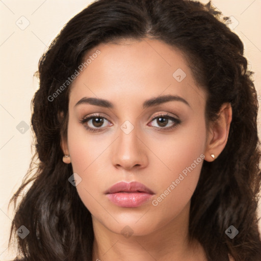 Neutral white young-adult female with long  brown hair and brown eyes