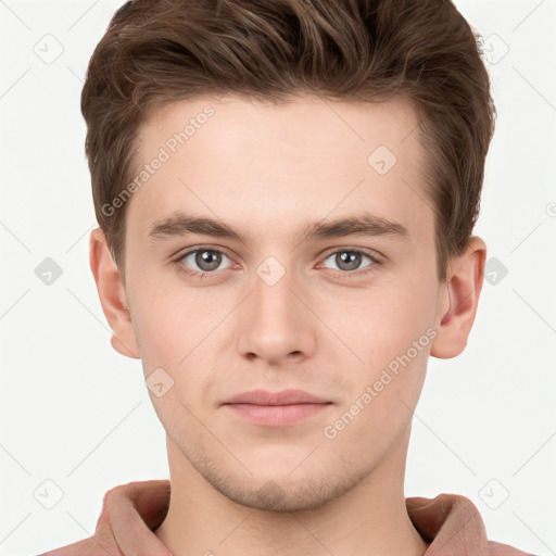 Neutral white young-adult male with short  brown hair and brown eyes