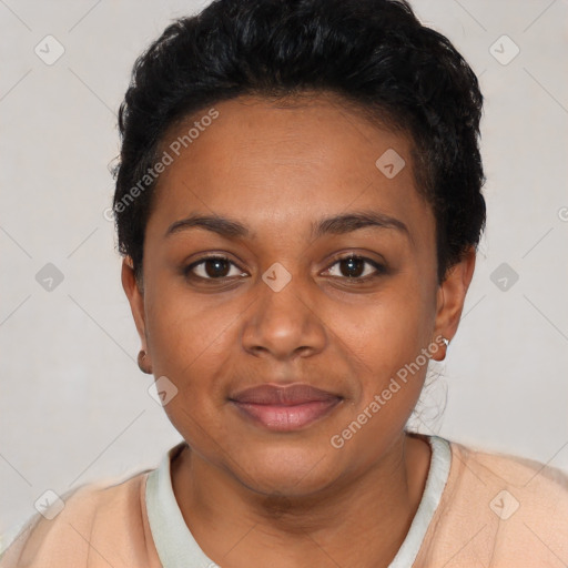 Joyful black young-adult female with short  black hair and brown eyes