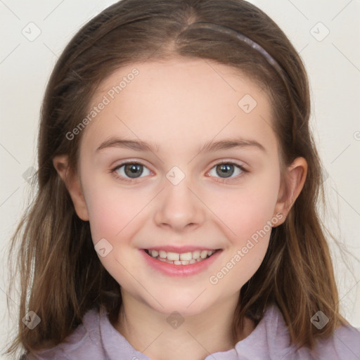 Joyful white child female with medium  brown hair and brown eyes