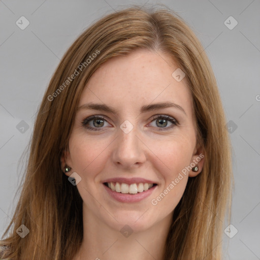 Joyful white young-adult female with long  brown hair and brown eyes