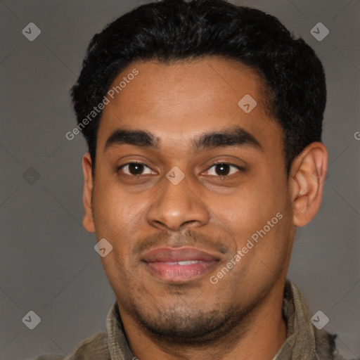 Joyful latino young-adult male with short  black hair and brown eyes