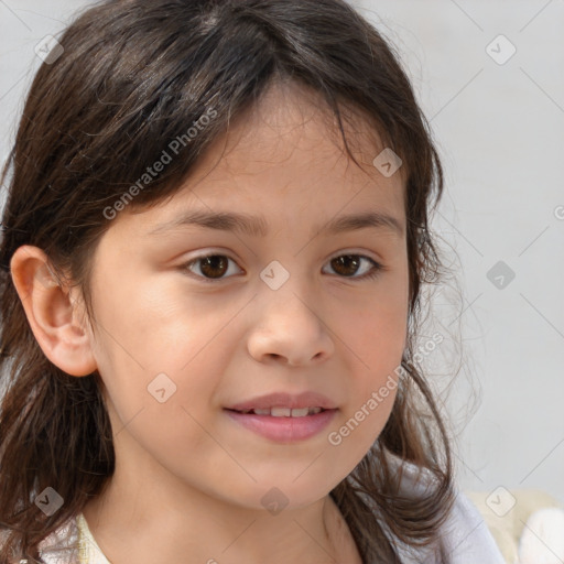 Joyful white child female with medium  brown hair and brown eyes