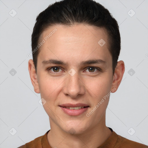 Joyful white young-adult female with short  brown hair and brown eyes