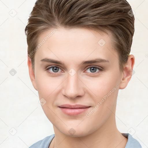 Joyful white young-adult female with short  brown hair and grey eyes