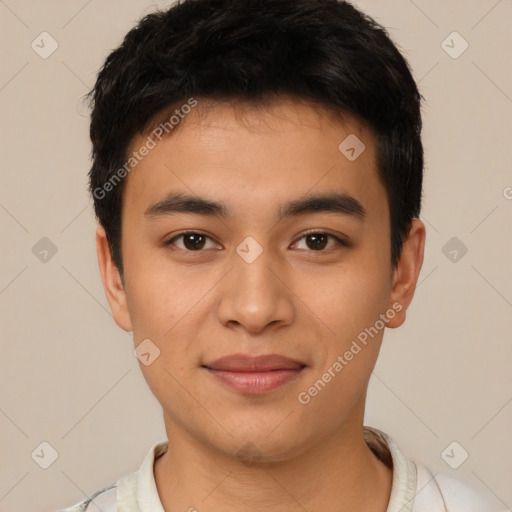 Joyful asian young-adult male with short  black hair and brown eyes