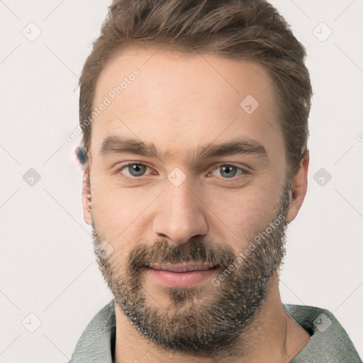 Neutral white young-adult male with short  brown hair and grey eyes