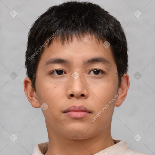 Neutral asian young-adult male with short  brown hair and brown eyes