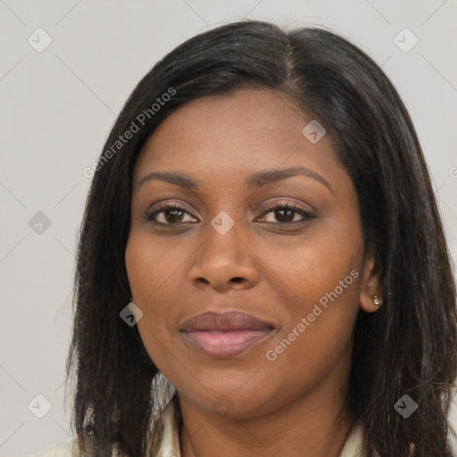 Joyful asian young-adult female with long  brown hair and brown eyes