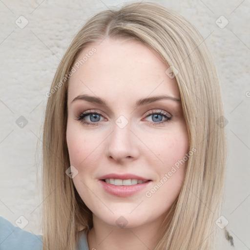 Joyful white young-adult female with long  brown hair and blue eyes