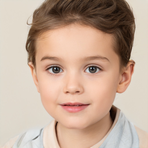 Joyful white child female with short  brown hair and brown eyes