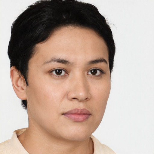 Neutral white young-adult female with short  brown hair and brown eyes