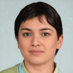 Neutral white young-adult female with medium  brown hair and brown eyes