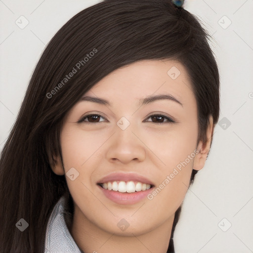 Joyful white young-adult female with long  black hair and brown eyes