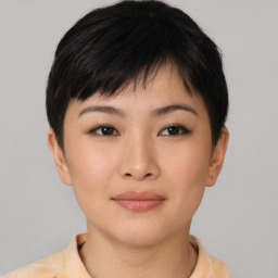 Neutral asian young-adult female with short  brown hair and brown eyes