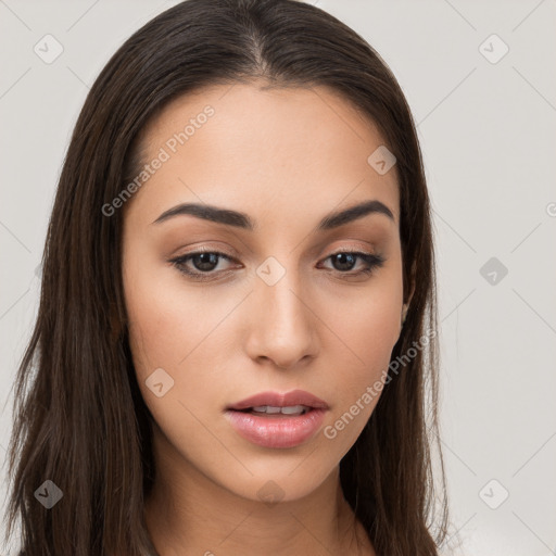 Neutral white young-adult female with long  brown hair and brown eyes