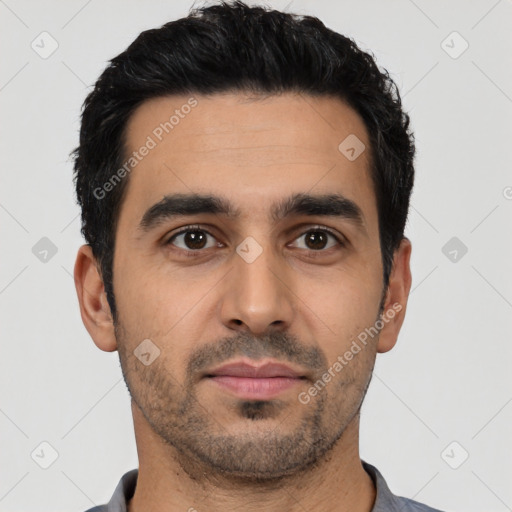 Neutral latino young-adult male with short  black hair and brown eyes