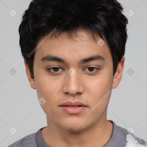 Neutral asian young-adult male with short  black hair and brown eyes