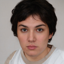 Neutral white young-adult female with short  brown hair and brown eyes