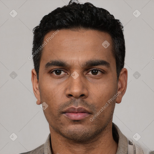 Neutral latino young-adult male with short  black hair and brown eyes