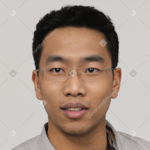 Neutral asian young-adult male with short  black hair and brown eyes