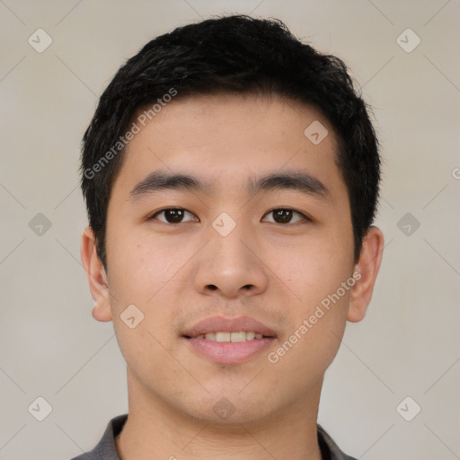 Neutral asian young-adult male with short  black hair and brown eyes