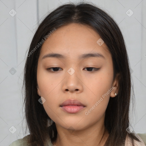 Neutral asian young-adult female with long  brown hair and brown eyes