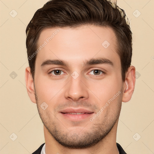 Joyful white young-adult male with short  brown hair and brown eyes