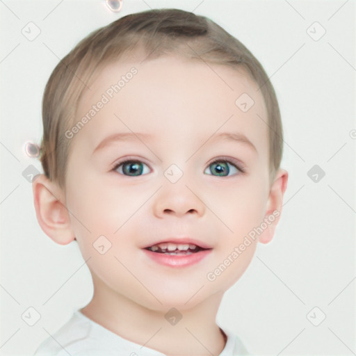 Joyful white child female with short  brown hair and brown eyes