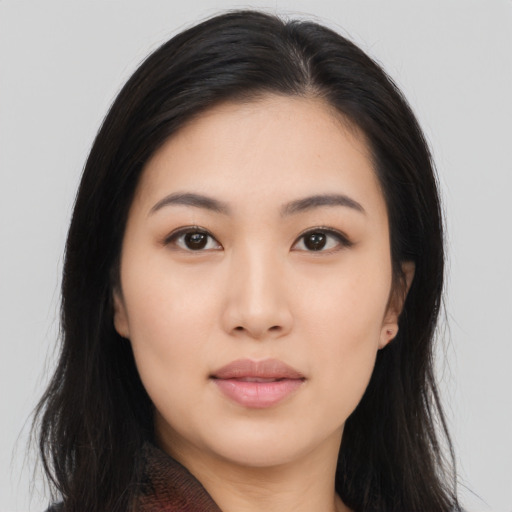Neutral asian young-adult female with long  black hair and brown eyes