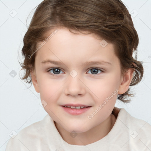 Joyful white child female with medium  brown hair and brown eyes