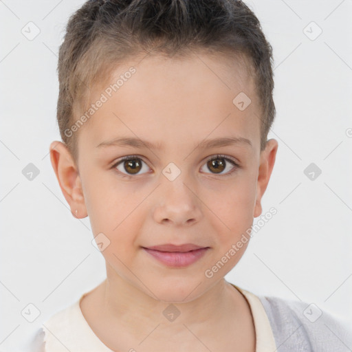 Joyful white child female with short  brown hair and brown eyes