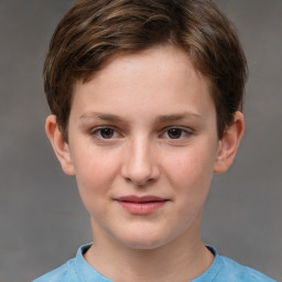 Joyful white child female with short  brown hair and brown eyes