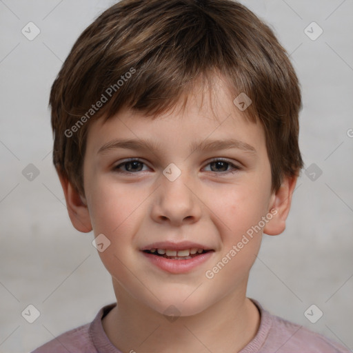 Joyful white child male with short  brown hair and brown eyes