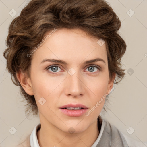 Neutral white young-adult female with medium  brown hair and blue eyes