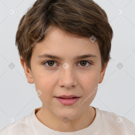 Joyful white child female with short  brown hair and brown eyes