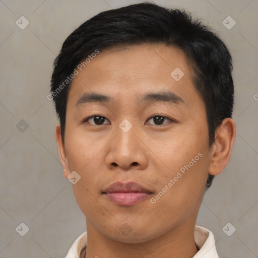 Neutral asian young-adult male with short  brown hair and brown eyes