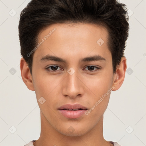 Neutral white young-adult male with short  brown hair and brown eyes