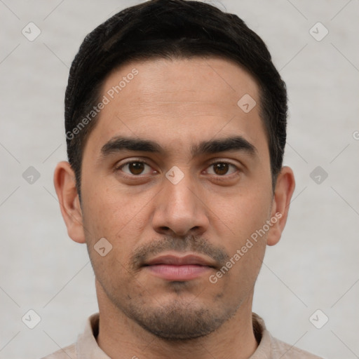 Neutral white young-adult male with short  brown hair and brown eyes
