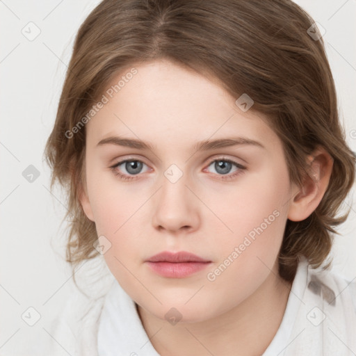 Neutral white young-adult female with medium  brown hair and grey eyes