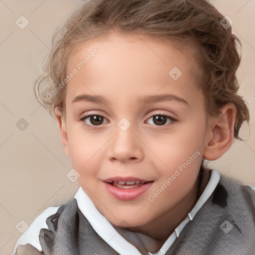 Joyful white child female with short  brown hair and brown eyes