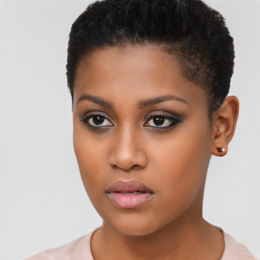 Neutral black young-adult female with short  brown hair and brown eyes
