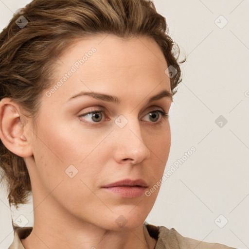 Neutral white young-adult female with medium  brown hair and grey eyes