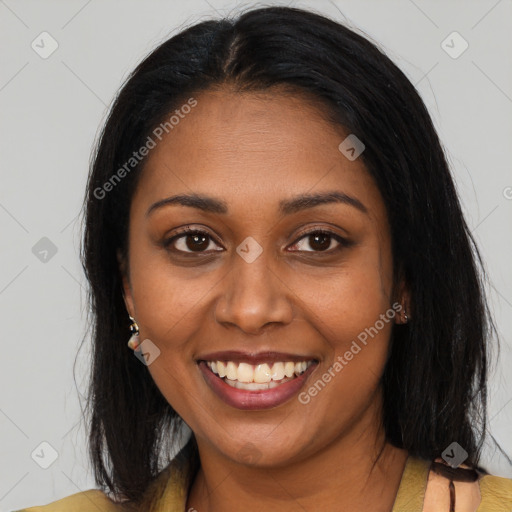 Joyful black young-adult female with medium  brown hair and brown eyes