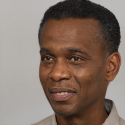 Joyful black adult male with short  black hair and brown eyes